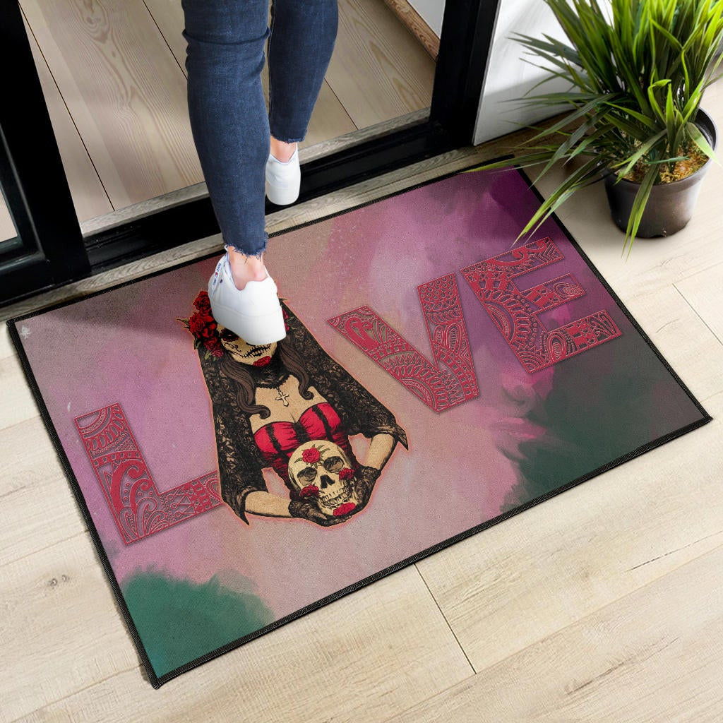 Valentine Door Mat - Roses Mandala Bride With Skull Love Door Mat