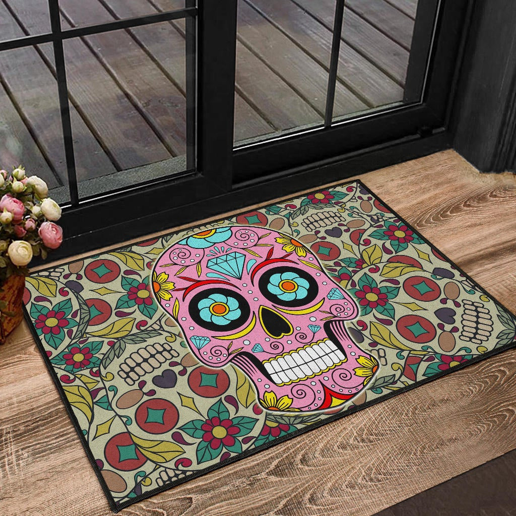 Skull Door Mat - Pink Mandala Skull Floral Skull Patterns Door Mat Home Decor