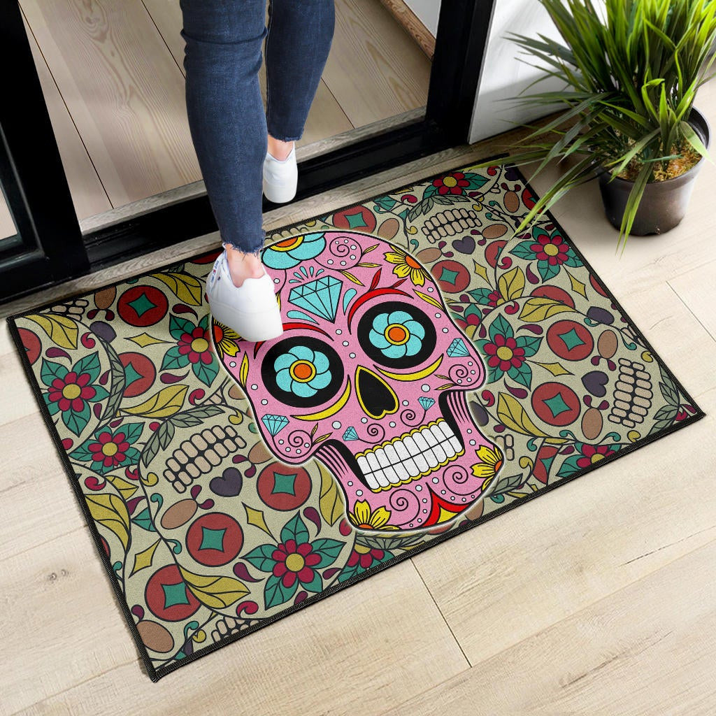 Skull Door Mat - Pink Mandala Skull Floral Skull Patterns Door Mat Home Decor