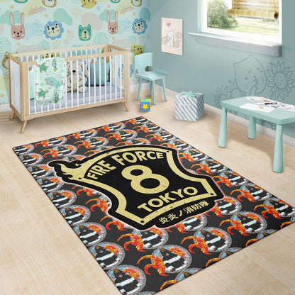 Fire Force Anime Area Rug Shinra Kusakabe Silhouette Evil Smile In Fire Patterns Rugs Home Decor