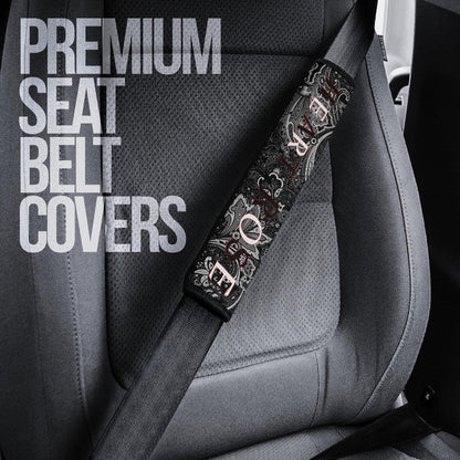 Valentine Seat Belt Covers - Tattooed Skull Rose Heart In Eyes Black White Pattern Belt Covers