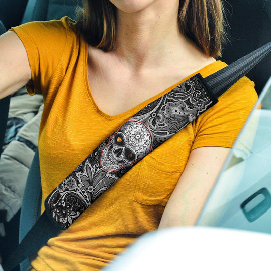 Valentine Seat Belt Covers - Tattooed Skull Rose Heart In Eyes Black White Pattern Belt Covers