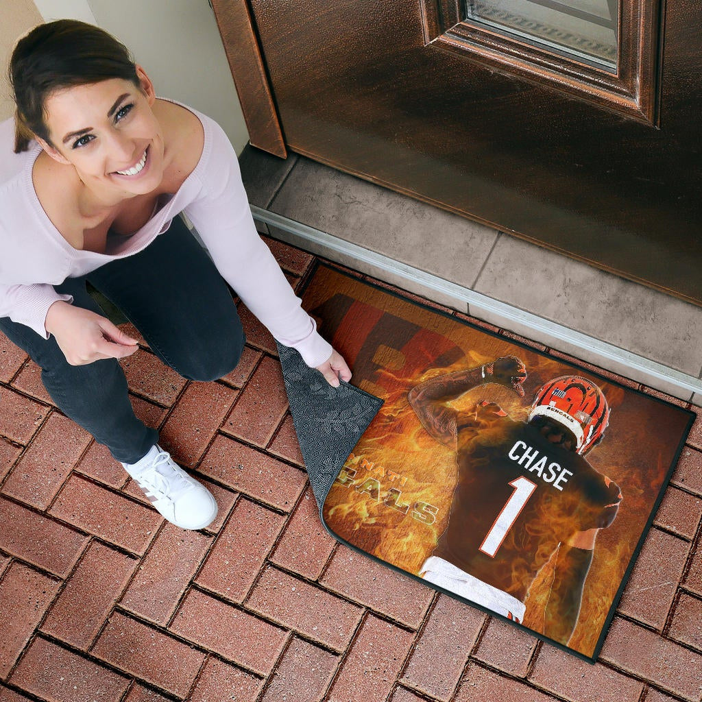 Cincinnati Bengals American Football Team Door Mat Ja'Marr Chase 01 Flaming From The Back Door Mat Home Decor