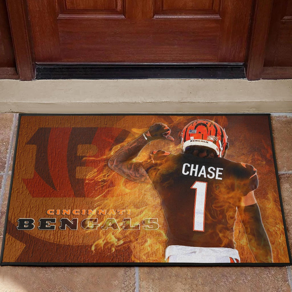 Cincinnati Bengals American Football Team Door Mat Ja'Marr Chase 01 Flaming From The Back Door Mat Home Decor