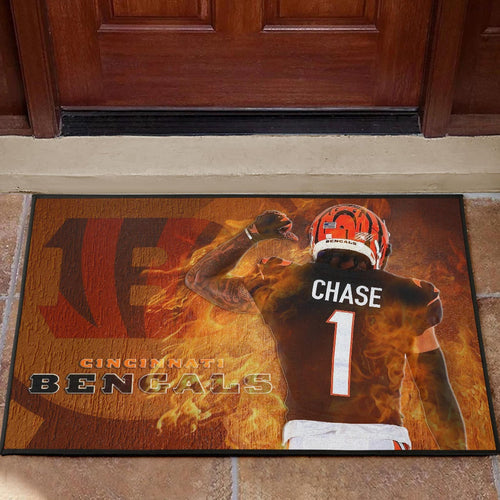 Cincinnati Bengals American Football Team Door Mat Ja'Marr Chase 01 Flaming From The Back Door Mat Home Decor