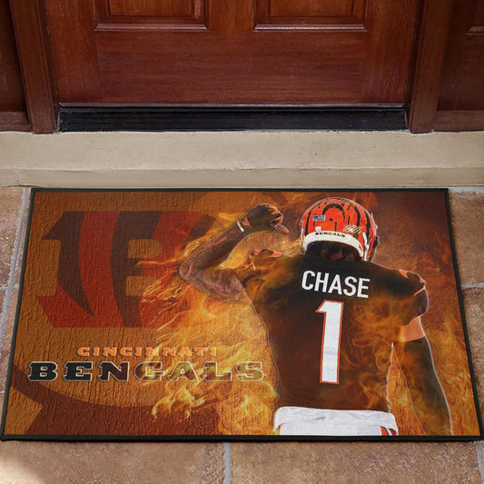 Cincinnati Bengals American Football Team Door Mat Ja'Marr Chase 01 Flaming From The Back Door Mat Home Decor
