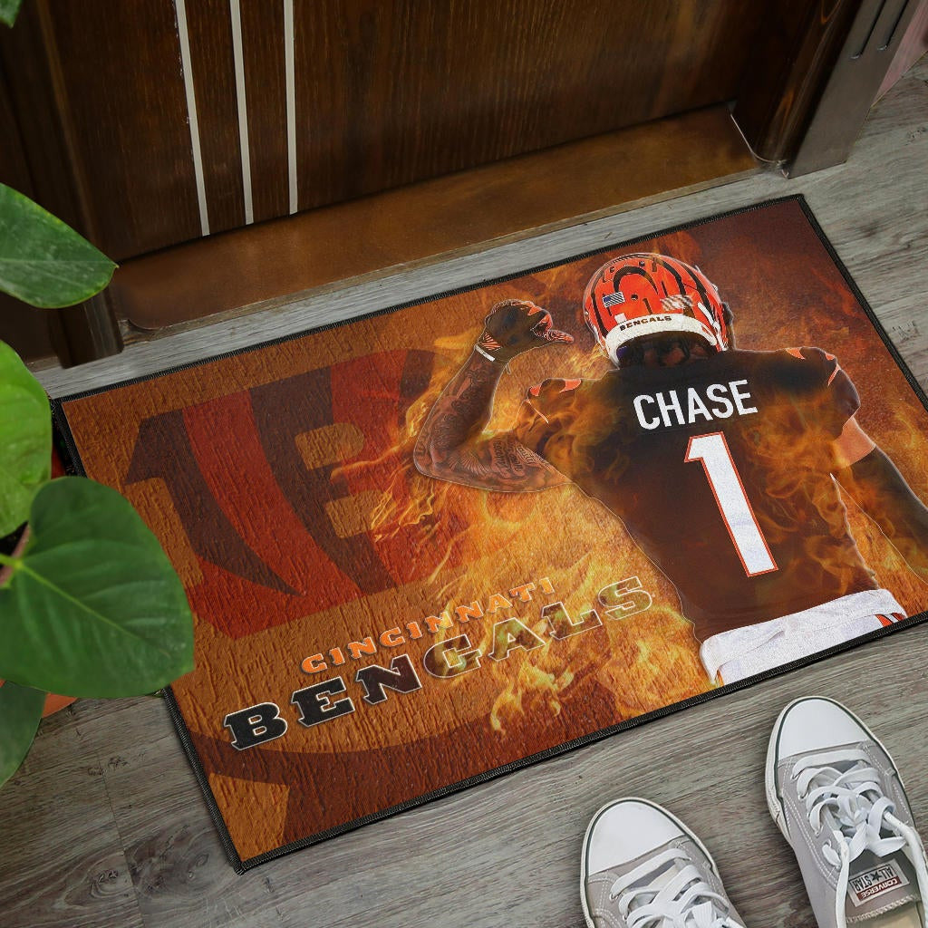 Cincinnati Bengals American Football Team Door Mat Ja'Marr Chase 01 Flaming From The Back Door Mat Home Decor