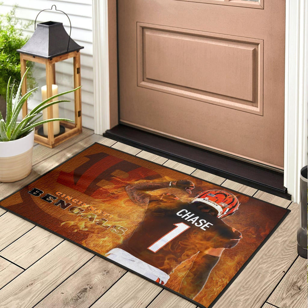 Cincinnati Bengals American Football Team Door Mat Ja'Marr Chase 01 Flaming From The Back Door Mat Home Decor