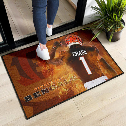 Cincinnati Bengals American Football Team Door Mat Ja'Marr Chase 01 Flaming From The Back Door Mat Home Decor