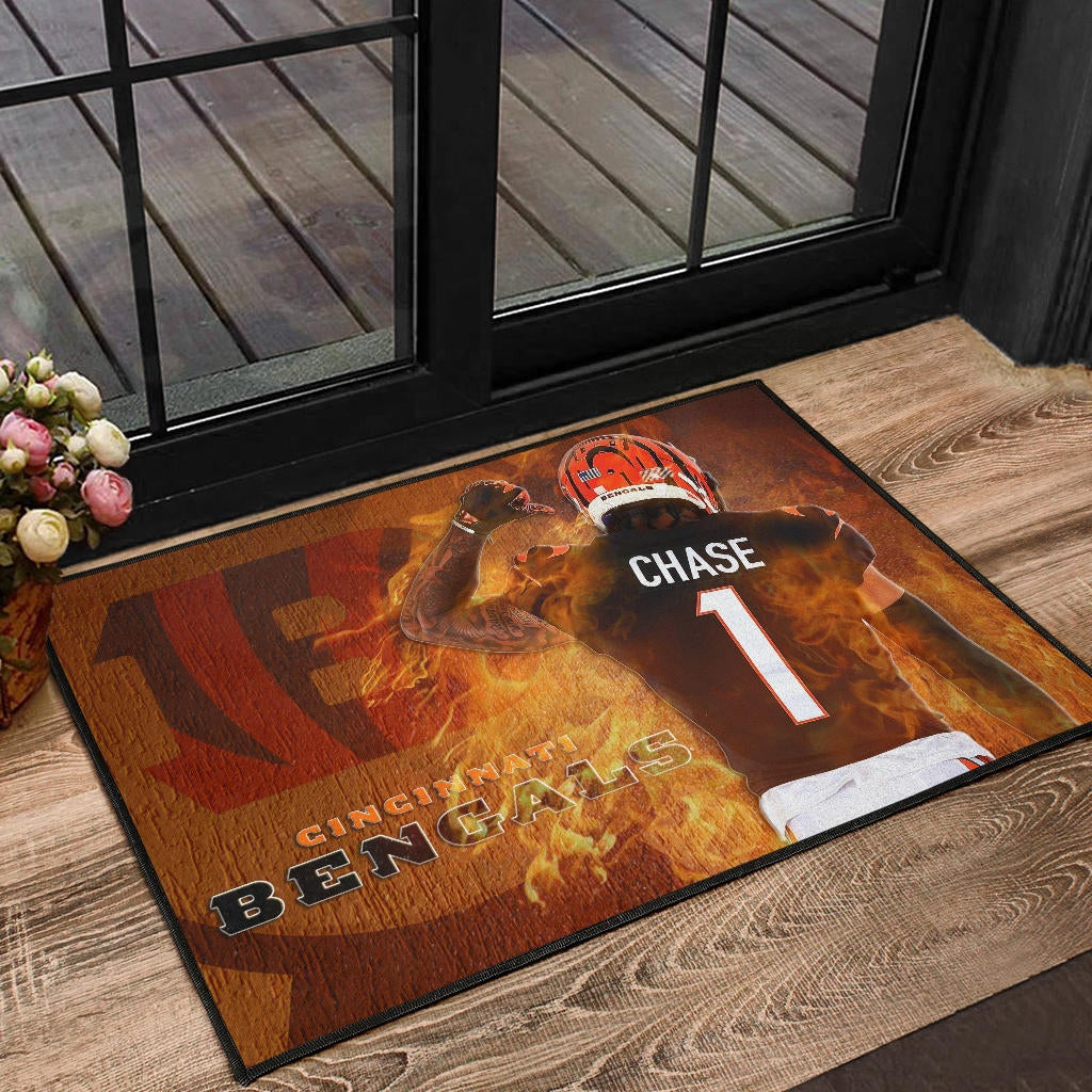 Cincinnati Bengals American Football Team Door Mat Ja'Marr Chase 01 Flaming From The Back Door Mat Home Decor