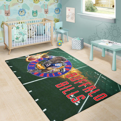 Buffalo Bills American Football Team Area Rug Player With Buffalo Head Holding Flaming Rugby Rugs Home Decor