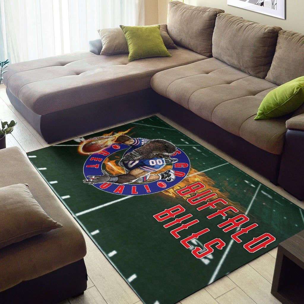 Buffalo Bills American Football Team Area Rug Player With Buffalo Head Holding Flaming Rugby Rugs Home Decor