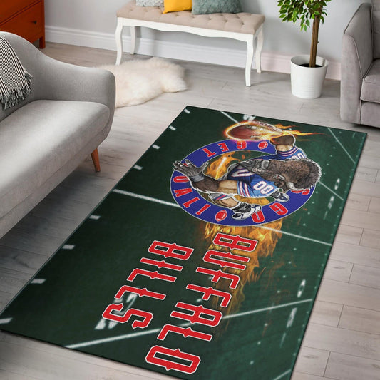 Buffalo Bills American Football Team Area Rug Player With Buffalo Head Holding Flaming Rugby Rugs Home Decor