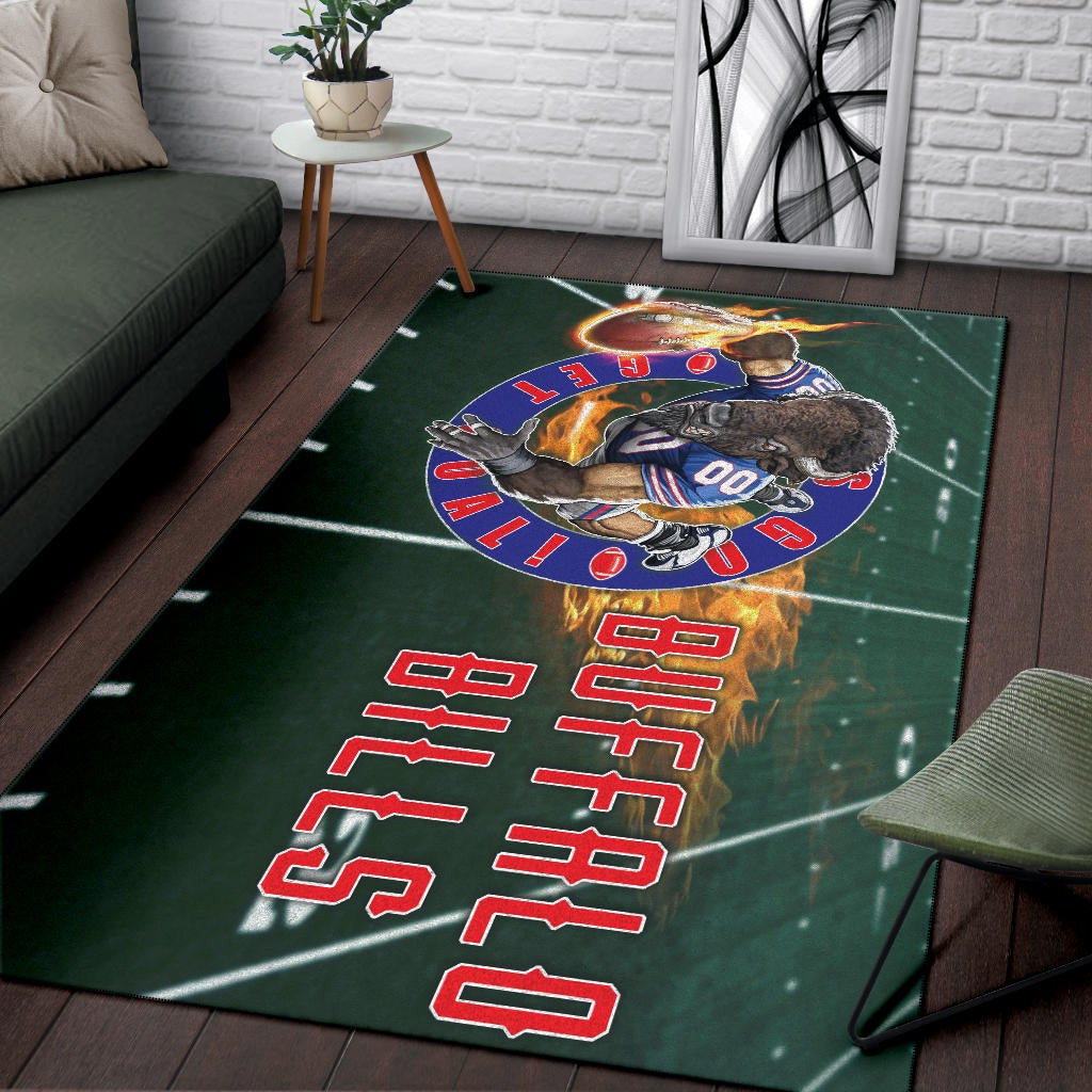 Buffalo Bills American Football Team Area Rug Player With Buffalo Head Holding Flaming Rugby Rugs Home Decor
