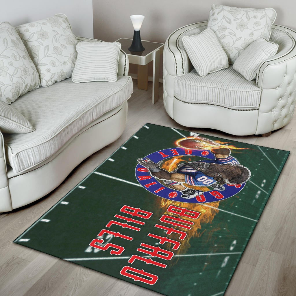 Buffalo Bills American Football Team Area Rug Player With Buffalo Head Holding Flaming Rugby Rugs Home Decor