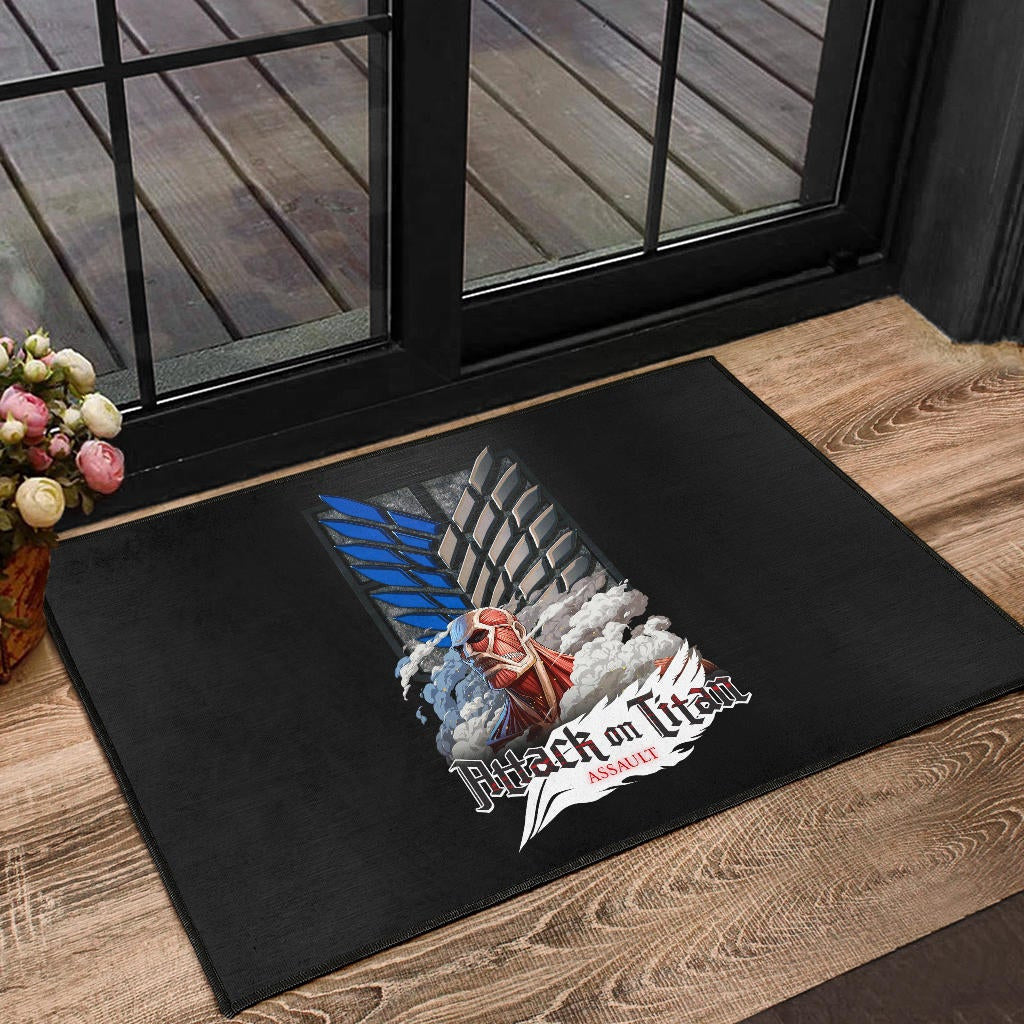 Attack On Titan Anime Door Mat - Colossal Titan Face Metal Wings Of Free Symbol Door Mat Home Decor