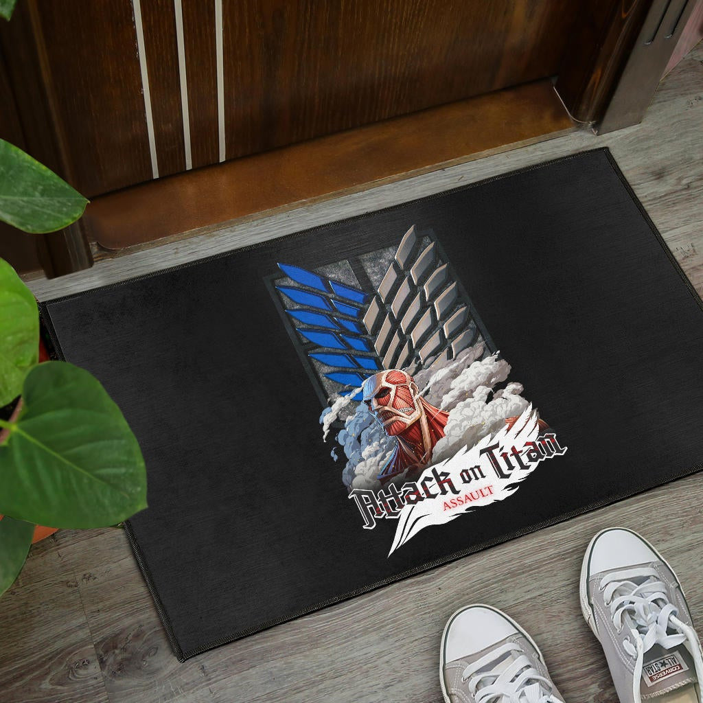 Attack On Titan Anime Door Mat - Colossal Titan Face Metal Wings Of Free Symbol Door Mat Home Decor