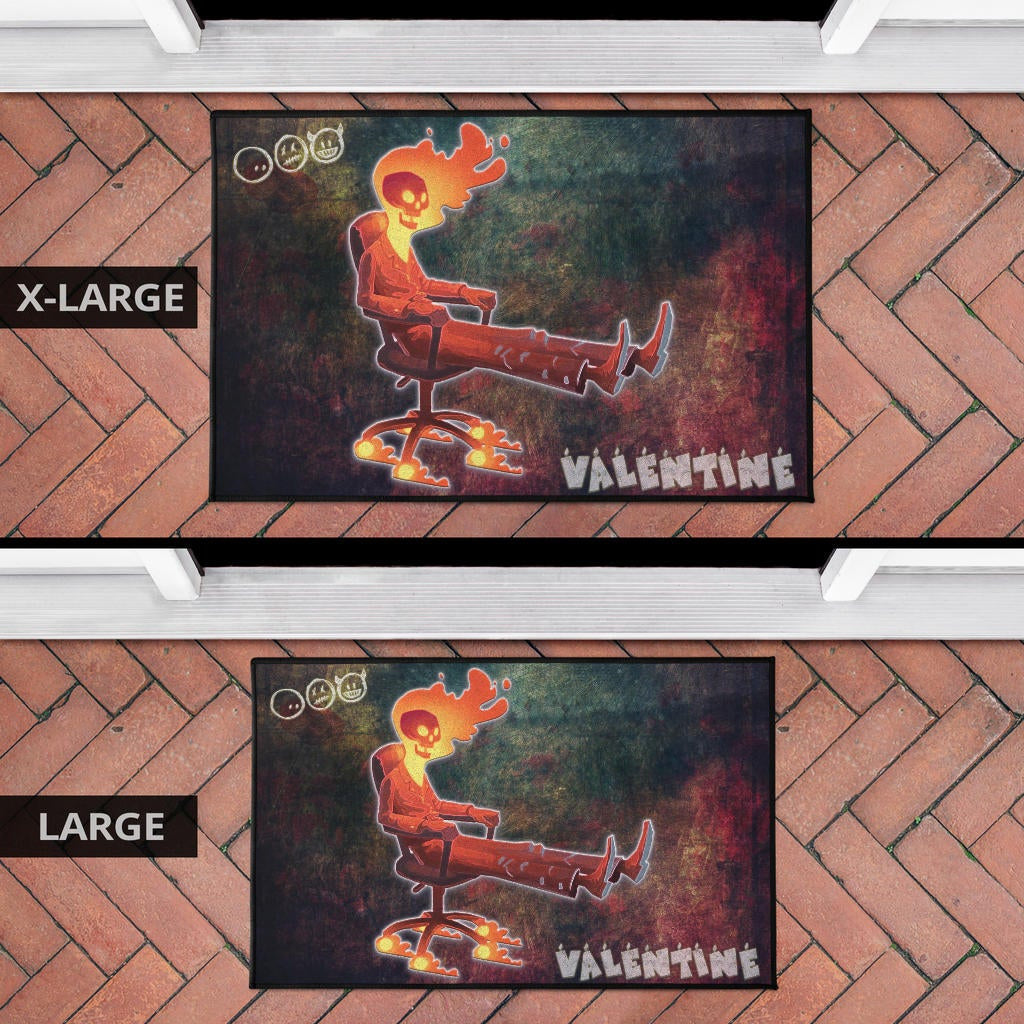 Skull Door Mat - Skeleton With Fire Head On Chair Valentine Text Candle Door Mat Home Decor