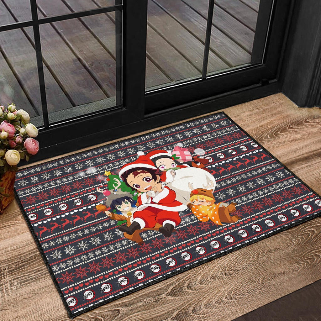 Demon Slayer Anime Door Mat - Merry Christmas Chibi Cosplay Santa Reindeer Xmas Gift Door Mat Home Decor