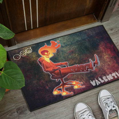 Skull Door Mat - Skeleton With Fire Head On Chair Valentine Text Candle Door Mat Home Decor