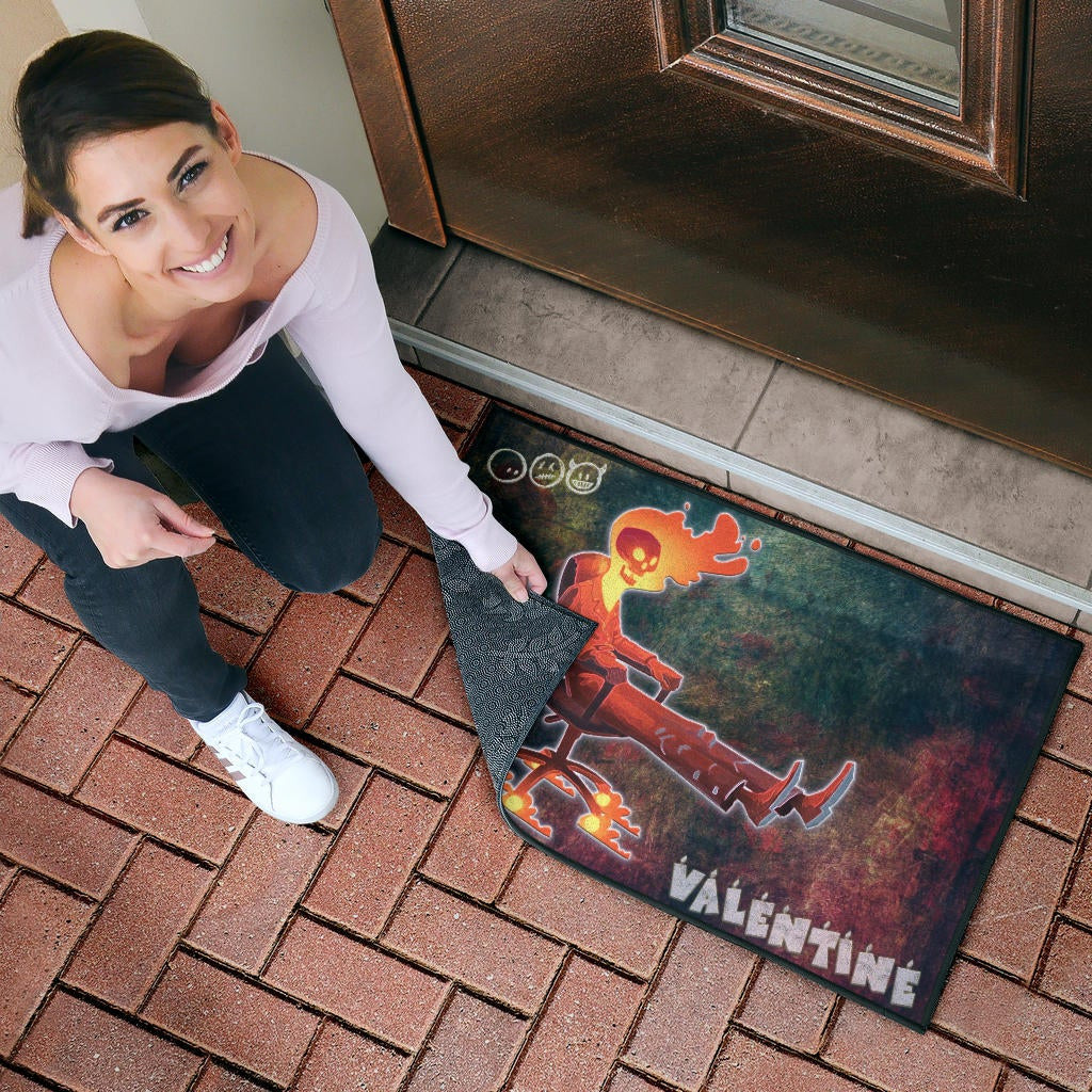 Skull Door Mat - Skeleton With Fire Head On Chair Valentine Text Candle Door Mat Home Decor