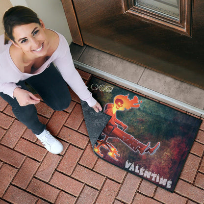 Skull Door Mat - Skeleton With Fire Head On Chair Valentine Text Candle Door Mat Home Decor
