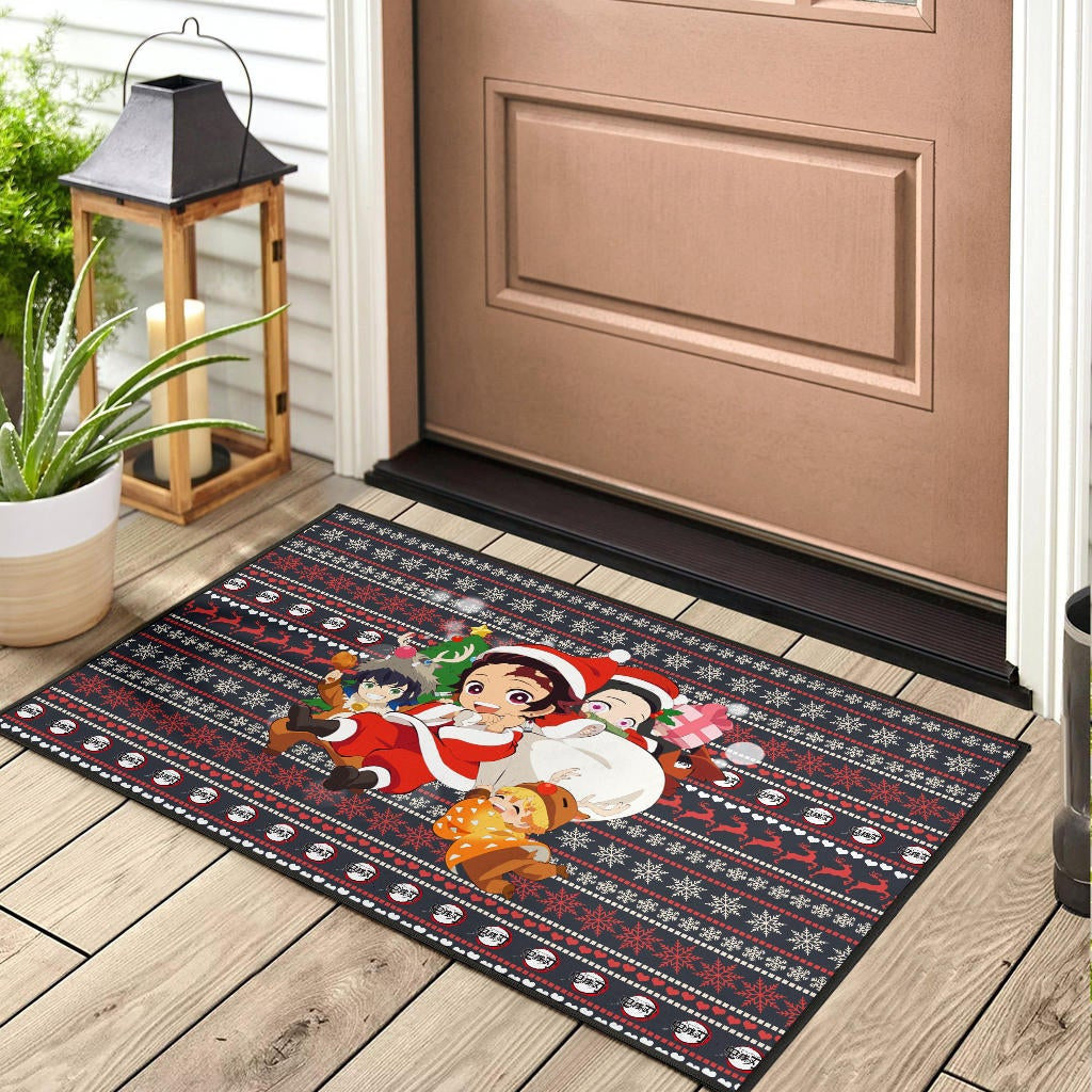 Demon Slayer Anime Door Mat - Merry Christmas Chibi Cosplay Santa Reindeer Xmas Gift Door Mat Home Decor