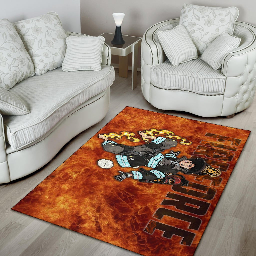 Fire Force Anime Area Rug Shinra Kusakabe With Fire Extinguisher Crazy In Fire Rugs Home Decor