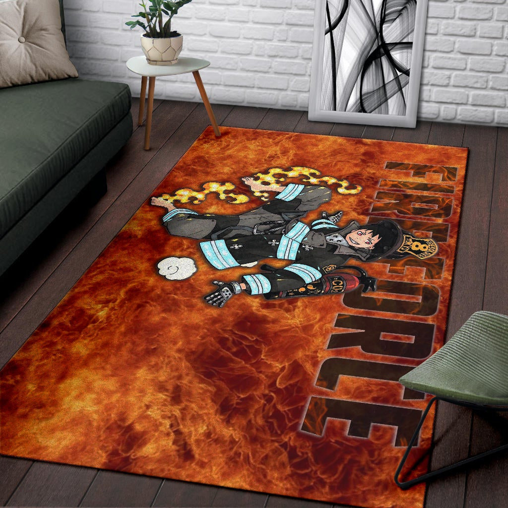 Fire Force Anime Area Rug Shinra Kusakabe With Fire Extinguisher Crazy In Fire Rugs Home Decor