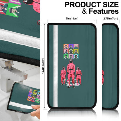 Squid Game Movie Seat Belt Covers Players Portrait With Black Masked Boss And Squid Worker Standing Belt Covers