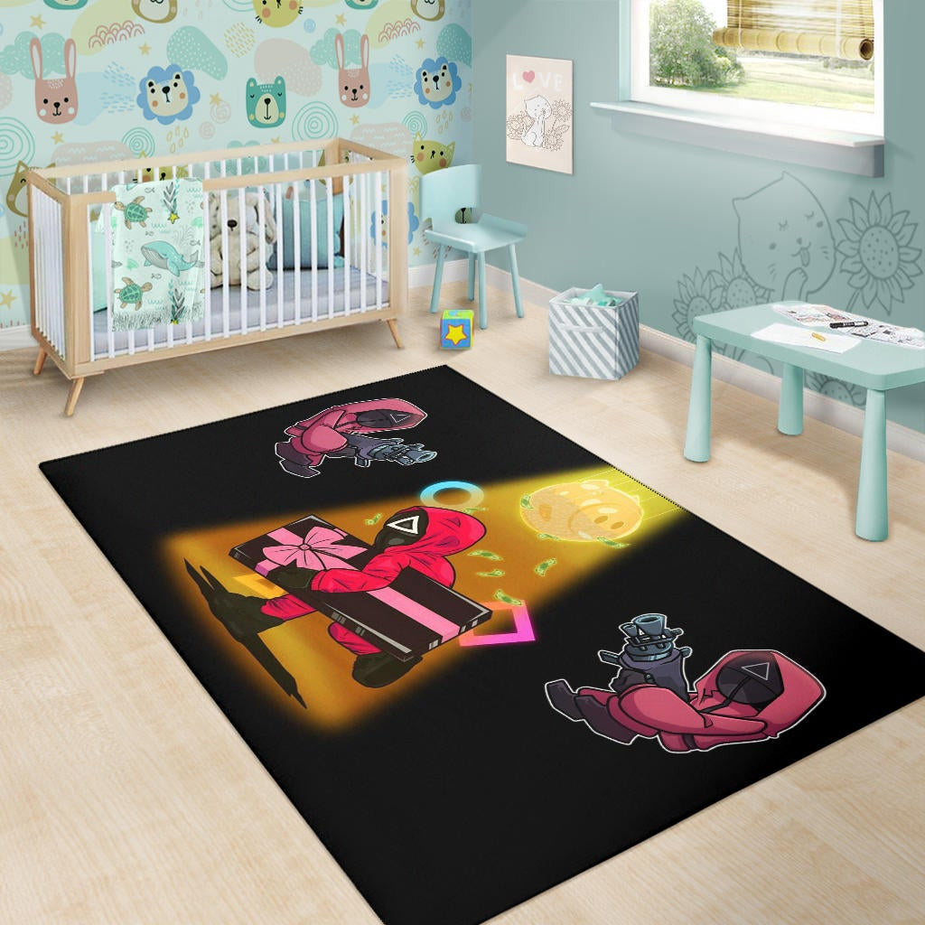 Squid Game Movie Area Rug Red Squid Worker Stealing Gift Golden Money Pig Rugs Home Decor