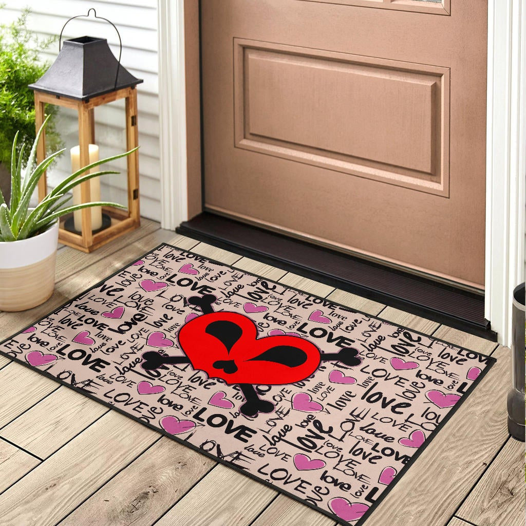 Love Door Mat - Love Text Patterns Skull Heart Symbol Door Mat