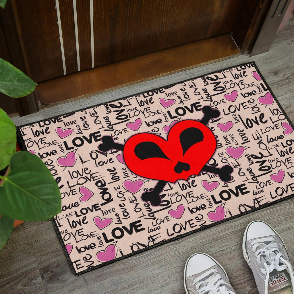 Love Door Mat - Love Text Patterns Skull Heart Symbol Door Mat