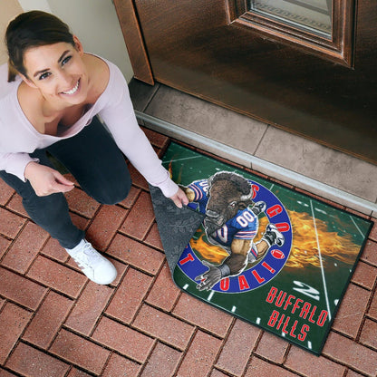 Buffalo Bills American Football Team Door Mat Player With Buffalo Head Holding Flaming Rugby Door Mat Home Decor