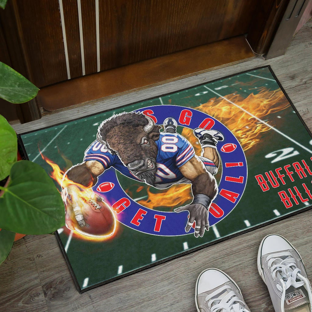 Buffalo Bills American Football Team Door Mat Player With Buffalo Head Holding Flaming Rugby Door Mat Home Decor