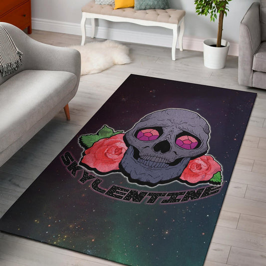 Valentine Area Rug - Skull With Roses Green Galaxy Sky Skylentine Rugs Home Decor