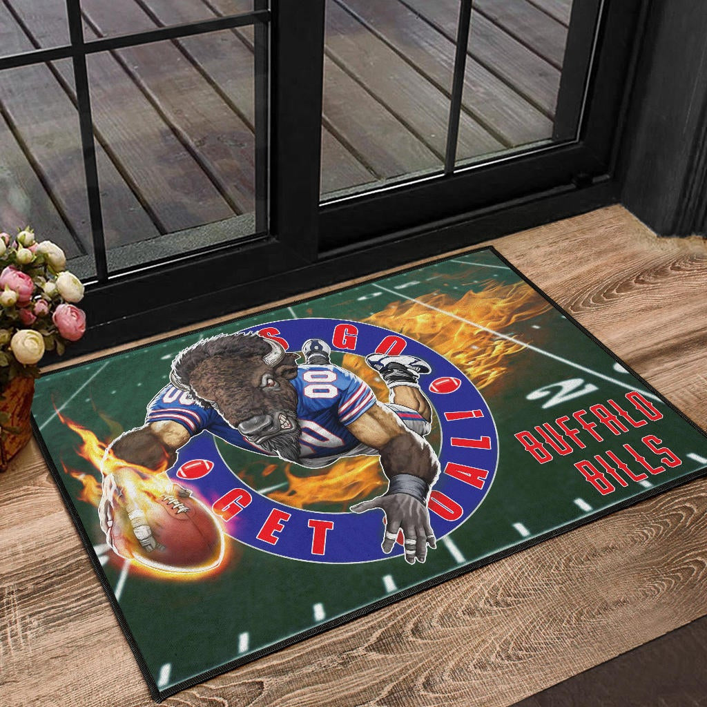 Buffalo Bills American Football Team Door Mat Player With Buffalo Head Holding Flaming Rugby Door Mat Home Decor