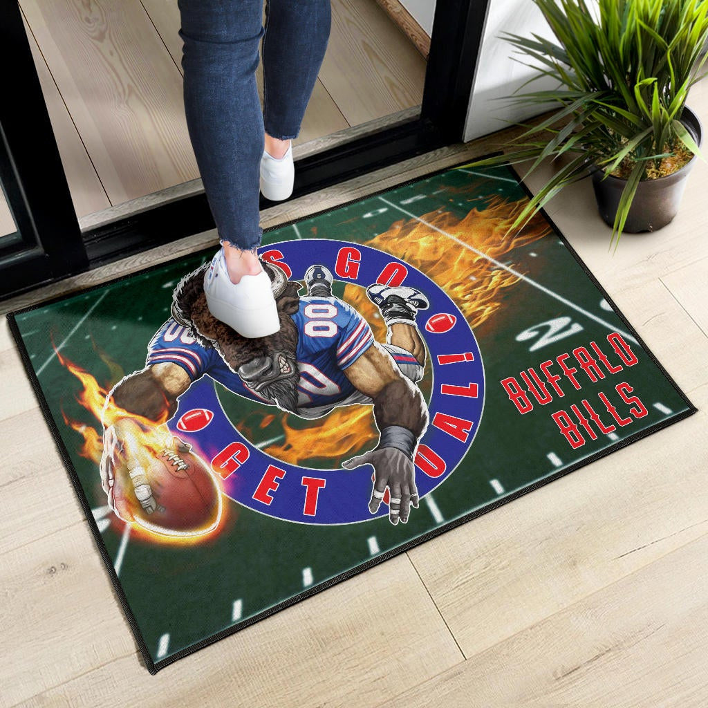 Buffalo Bills American Football Team Door Mat Player With Buffalo Head Holding Flaming Rugby Door Mat Home Decor