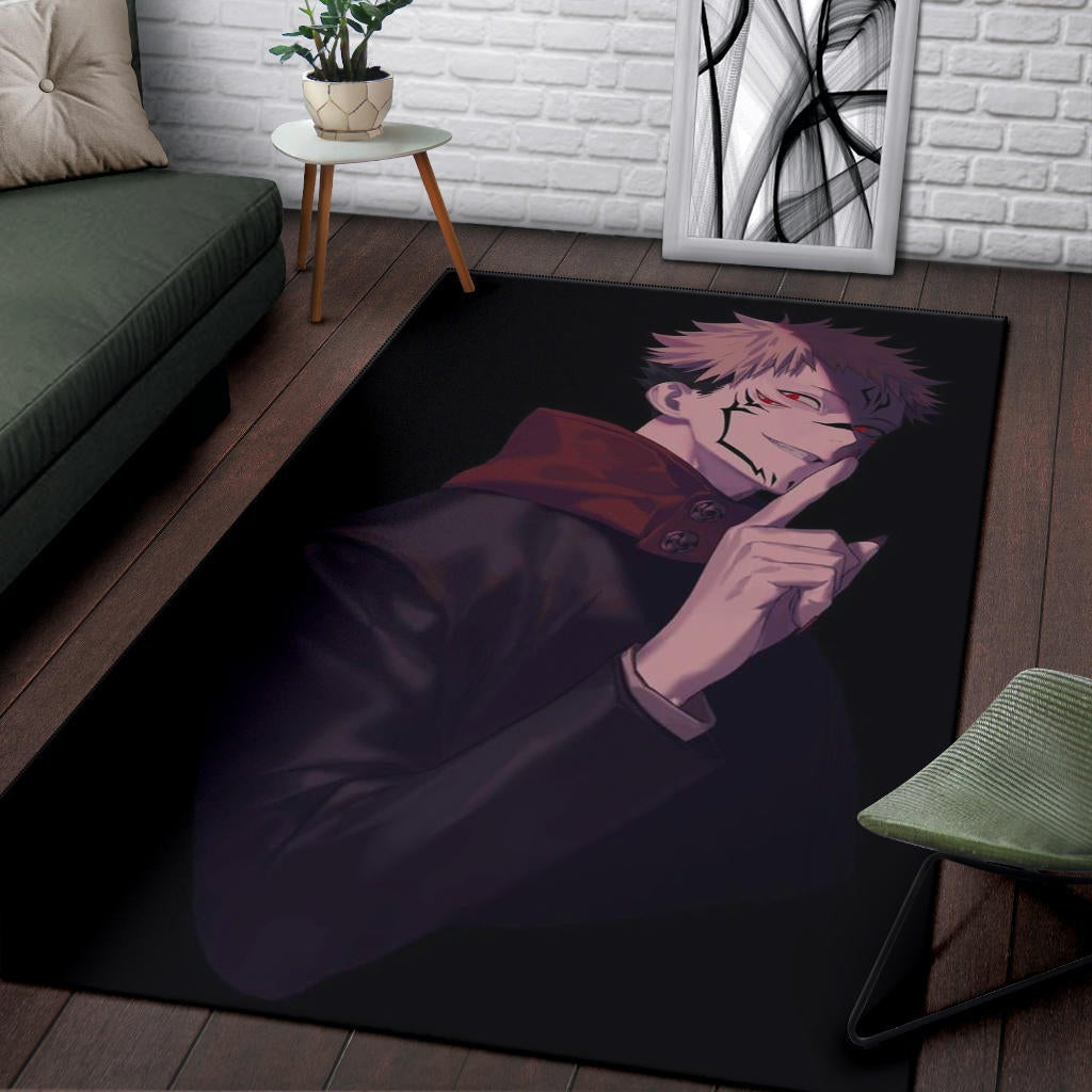 Jujutsu Kaisen Anime Area Rug Sukuna Yuji Combine Black Fire Evil Smiling Rugs Home Decor