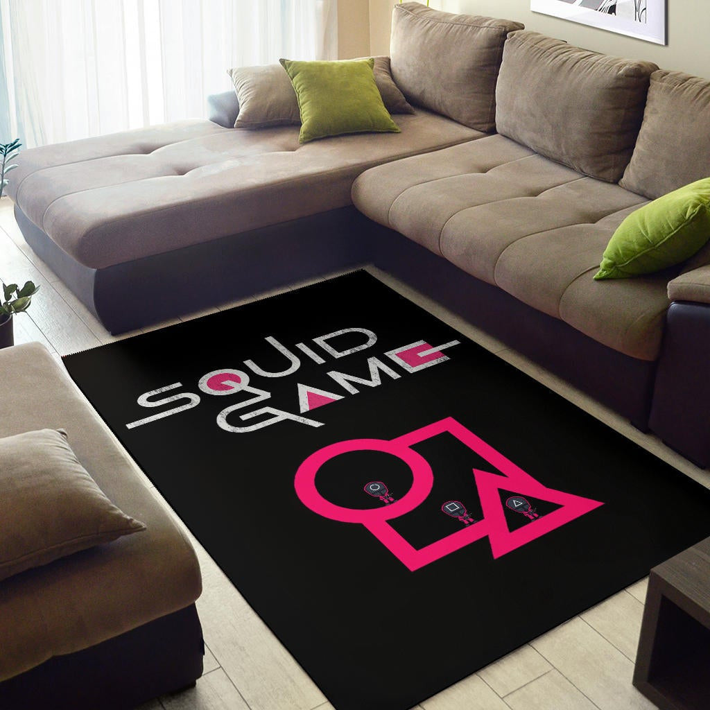 Squid Game Movie Area Rug Cute Chibi Squid Workers Standing On Round Square Triangle Stairs Rugs Home Decor