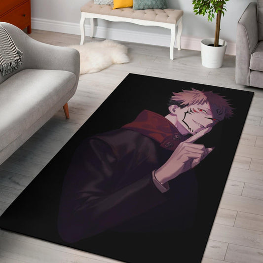 Jujutsu Kaisen Anime Area Rug Sukuna Yuji Combine Black Fire Evil Smiling Rugs Home Decor