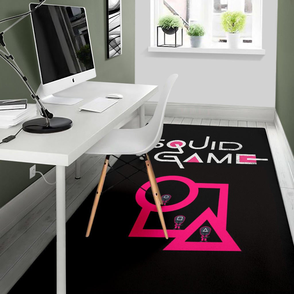 Squid Game Movie Area Rug Cute Chibi Squid Workers Standing On Round Square Triangle Stairs Rugs Home Decor