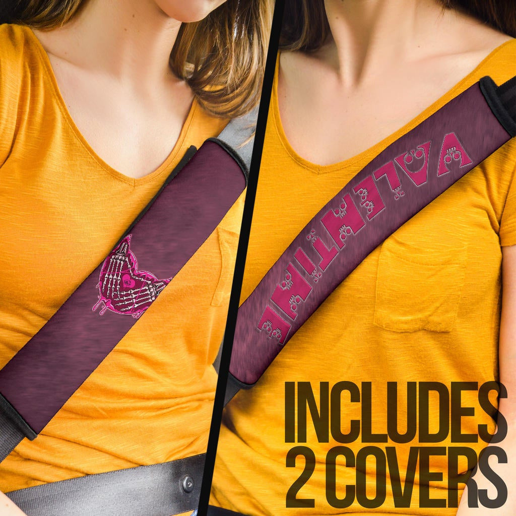 Valentine Seat Belt Covers Skeleton Hands In Melting Heart Valentine Pink Text Belt Covers