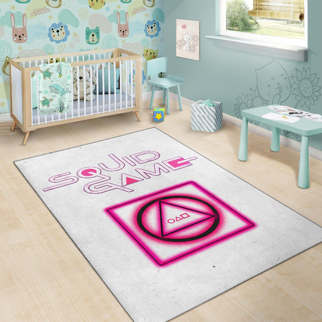 Squid Game Movie Area Rug Neon Round Square Triangle Shape Squid Game Text Font Rugs Home Decor