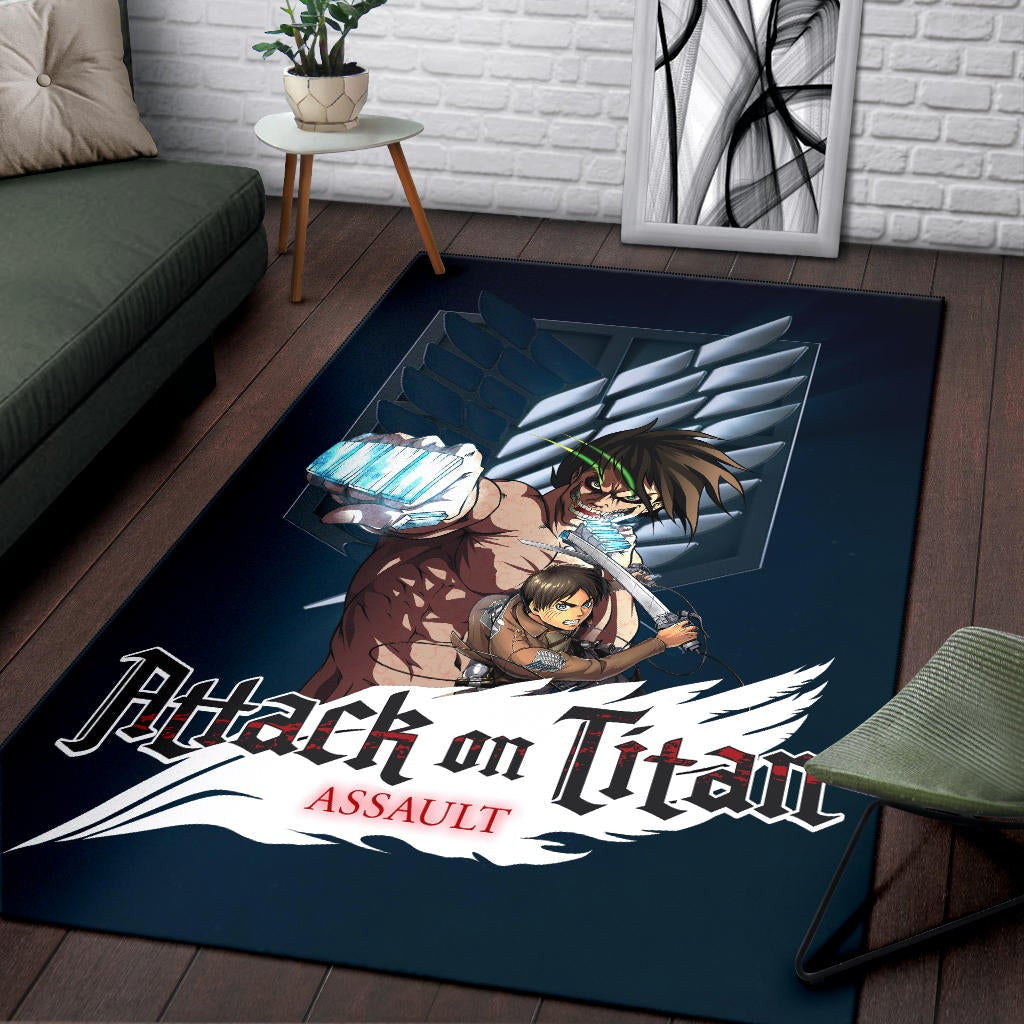 Attack On Titan Anime Area Rug - Eren Titan Punch And Eren Human Metal Wings Of Freedom Rugs Home Decor