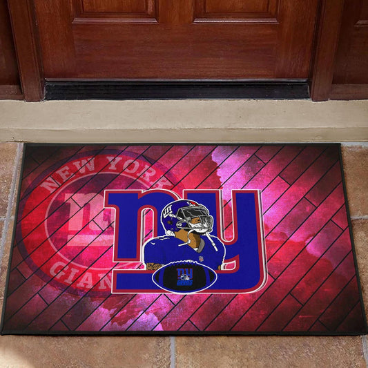 New York Giants American Football Team Door Mat Odell Beckham Jr Artwork Red Wood Pattern Background Door Mat Home Decor