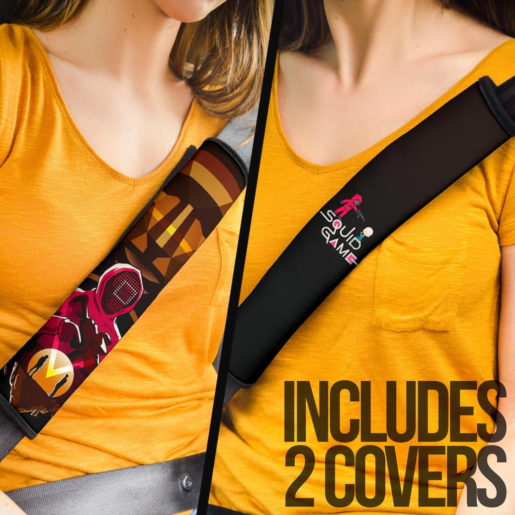 Squid Game Movie Seat Belt Covers - Chibi Squid Worker With Lost Player Golden Mask Boss Belt Covers