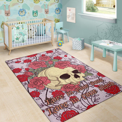 Valentine Area Rug - Skulls With Red Roses Flower Love In Bone And Blood Rugs Home Decor