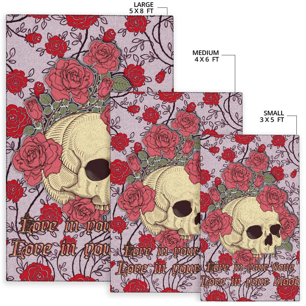 Valentine Area Rug - Skulls With Red Roses Flower Love In Bone And Blood Rugs Home Decor
