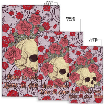 Valentine Area Rug - Skulls With Red Roses Flower Love In Bone And Blood Rugs Home Decor